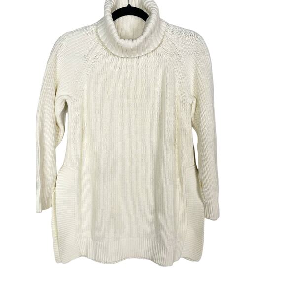 Kate Spade XS Cream Cotton Cashmere Turtleneck Tunic Sweater Side Split Hem FLAW - Picture 1 of 8